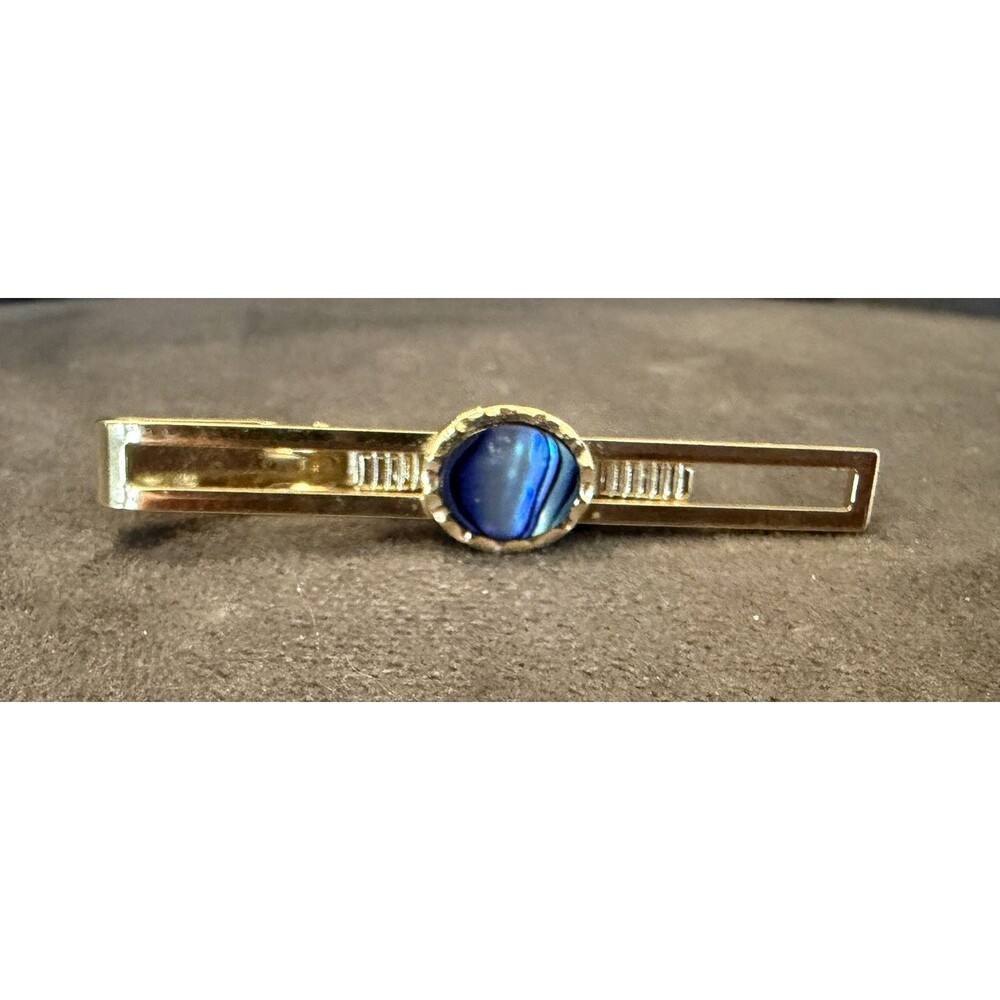 Vintage Gold Tone Blue Glass Cabochon  Tie Bar Tie Clip 2.25'
